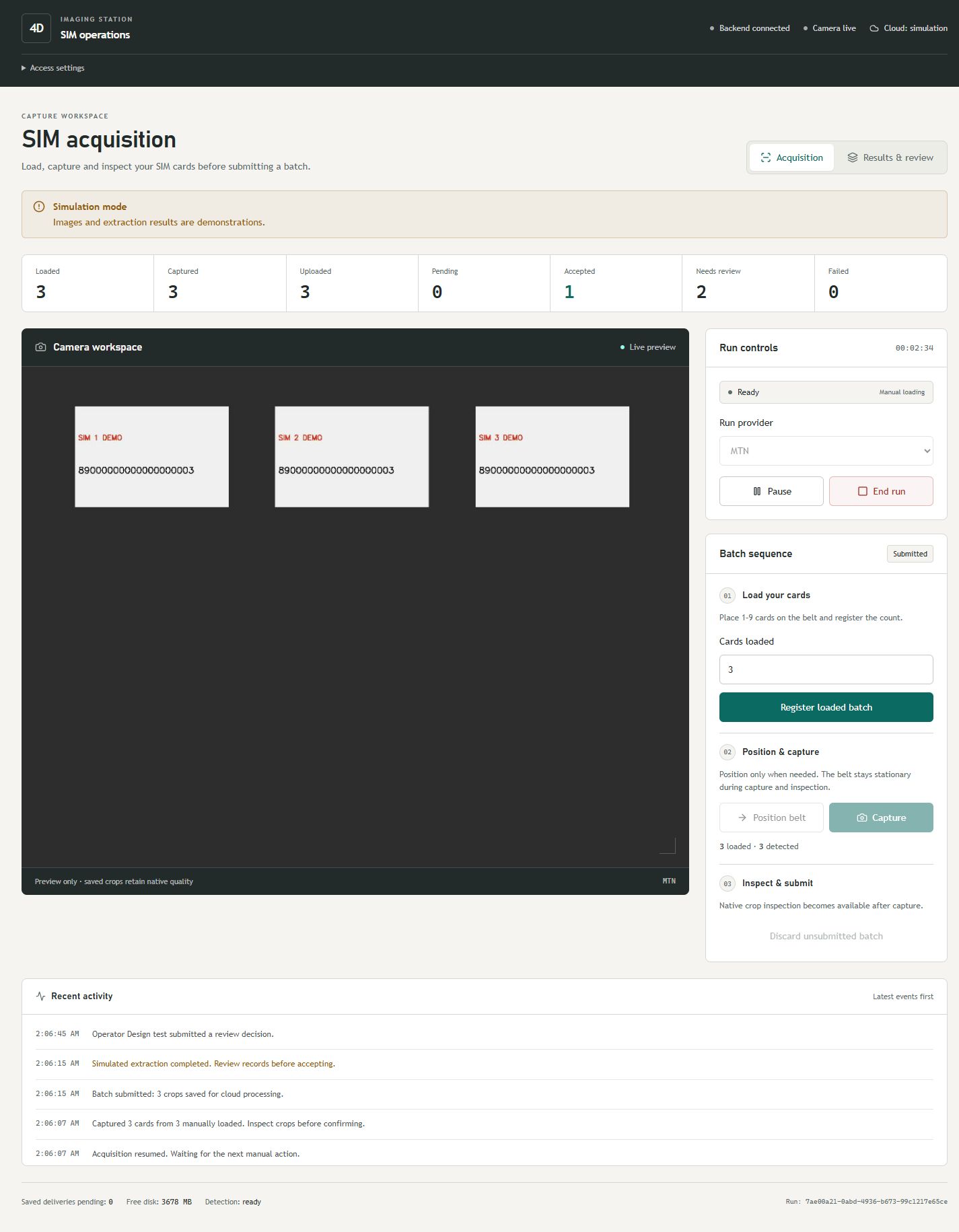 Acquisition dashboard development simulation showing camera workspace, manual-loading controls and batch delivery statuses